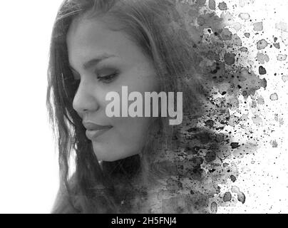 Peinture.Peinture à l'encre expressive abstraite combinée à un portrait de profil Banque D'Images