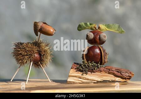Brebis et chouette, personnages animaux drôles faits de châtaignes et d'acornes de chêne en automne, Suisse Banque D'Images