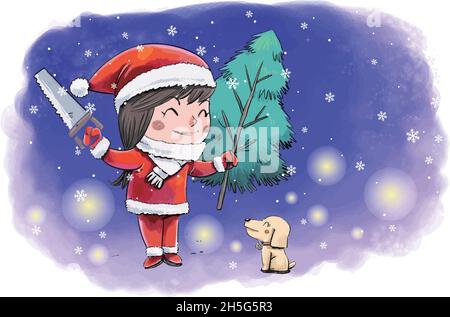 Fille en costume du Père Noël tenant un arbre de Noël dans ses mains Illustration de Vecteur