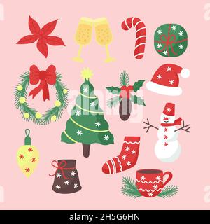 Ensemble d'éléments de Noël avec illustration vectorielle isolée de style plat.Articles hivernaux romantiques pour les motifs de salutation.Éléments de la nouvelle année Illustration de Vecteur
