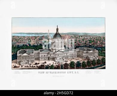 Vue sur Washington City, D.C. / lith. Par E. Sachse & Co. 104 S. Charles St. Baltimore.Imprimé oeil-de-oiseau.1862. Capitole des États-Unis au premier plan. Banque D'Images