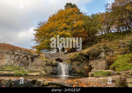 L'eau s'écoule dans une piscine à trois Shires Head à l'automne où se rencontrent les comtés de Staffordshire, Cheshire et Derbyshire, entourés de morts Banque D'Images