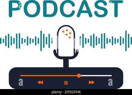 Interface de lecteur multimédia pour application logicielle avec boutons, indicateur de chargement et microphone.Illustration vectorielle du panneau de commande à plat.Lettrage de podcast et image d'onde radio Illustration de Vecteur