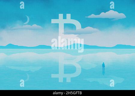 Un concept de crypto-monnaie du symbole Bitcoin.Flottant au-dessus d'un paysage aquatique.Avec un personnage qui regarde le ciel. Banque D'Images