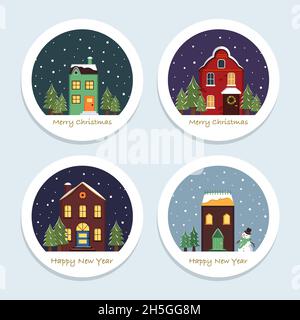 Cartes de Noël ou étiquettes avec de jolies maisons à neige lumineuses.Paysage d'hiver avec flocons de neige, sapins et bonhomme de neige sur des étiquettes rondes.Carte de vœux de bonne année.Illustration vectorielle plate Illustration de Vecteur