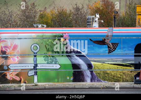 Amersham, Buckinghamshire, Royaume-Uni.9 novembre 2021.Des tableaux d'étage à l'extérieur de l'enceinte de ventilation Amersham HS2 montrant la faune locale et pourtant HS2 sont le câblage sur les terriers de blaireau et détruisent les habitats de la faune dans les Chilterns qui est une zone de beauté naturelle exceptionnelle.Crédit : Maureen McLean/Alay Live News Banque D'Images