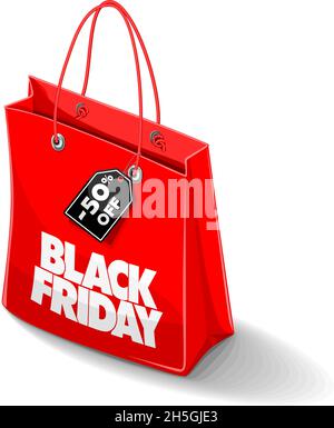 Sac à provisions rouge en plastique ou en papier avec poignées.Élément de motif vectoriel Black Friday sur fond transparent. Illustration de Vecteur
