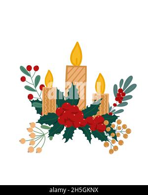 Illustration vectorielle de l'arrangement de plantes et bougies de Noël, modèle de carte de vacances d'hiver, modèle de célébration de période de fête Illustration de Vecteur