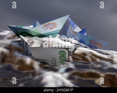 Rendu 3D de trois bateaux en papier fabriqués à partir de billets en dollars US, en euros et en francs suisses flottant sur l'eau de tempête Banque D'Images