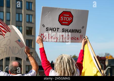 Harrisburg, États-Unis.09th Nov, 2021. Des manifestants tiennent des panneaux au 'Medical Freedom Rally' sur les marches du capitole de l'État de Pennsylvanie à Harrisburg, Pennsylvanie, le 9 novembre 2021.Environ 100 personnes ont assisté au rassemblement s'opposant à des mandats de vaccination.(Photo de Paul Weaver/Sipa USA) crédit: SIPA USA/Alay Live News Banque D'Images