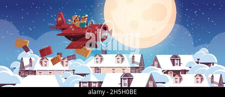 elfes avion volant avec des cadeaux joyeux noël joyeux noël joyeux nouvel an hiver fête concept horizontal pleine longueur carte de voeux vecteur Illustration de Vecteur