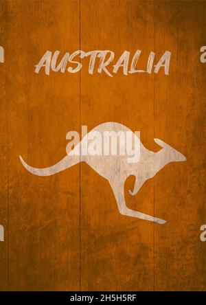 Le symbole du kangourou d'Australie et la typographie du pays australien. Couleurs saturées et design plat avec style vintage. Illustration f Banque D'Images