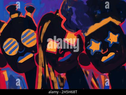 Trois portraits de femme noirs créatifs avec étoiles et verre carré.graffiti hip hop 80, illustration multimédia, art de rue et grunge.PA inventive Banque D'Images