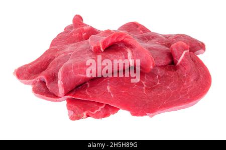 Groupe de steaks de bœuf frais, frais, en tranches fines, isolés sur un fond blanc Banque D'Images