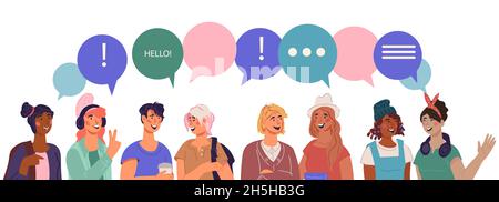 Groupe de personnes communiquant avec des bulles de la parole au-dessus de leur tête, vecteur plat. Illustration de Vecteur