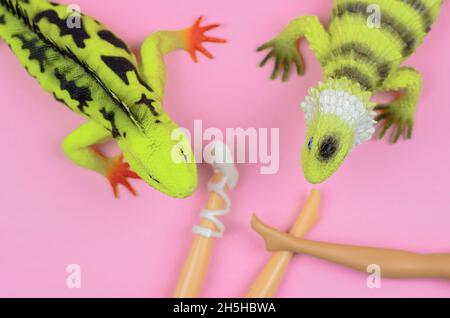 Des lézards cannibales ont attaqué des femmes.Le concept des prédateurs attaquant les gens Banque D'Images