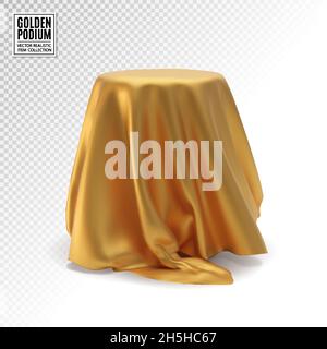 Affiche de podium blanc de produit rond 3D réaliste recouverte de tissu doré rideaux isolés sur fond blanc.Illustration vectorielle EPS10 Illustration de Vecteur