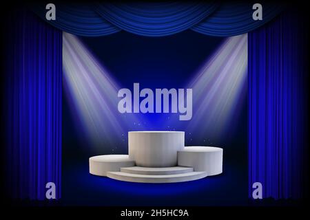 Podium sur fond de rideau bleu.Piédestal vide pour la cérémonie de remise des prix.Plate-forme éclairée par des projecteurs.Illustration vectorielle Illustration de Vecteur