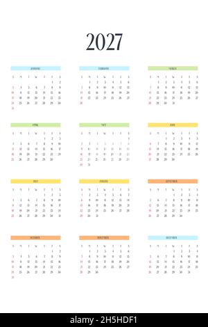 modèle de calendrier 2027 dans un style classique strict avec des éléments multicolores.Calendrier mensuel horaire individuel minimalisme conception sobre pour les affaires Illustration de Vecteur