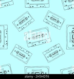 Cassette et mixtape dessinées à la main motif sans couture, dessin animé noir et bleu toile de fond pour la technologie musicale ou le concept d'équipement audio. Illustration de Vecteur