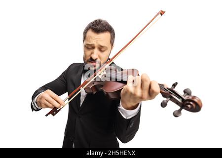 Gros plan d'un homme élégant jouant un violon isolé sur fond blanc Banque D'Images