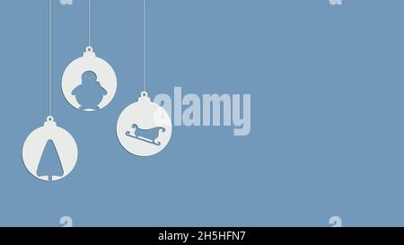 Noël et nouvel an composition de boules suspendues avec arbre de noël, bonhomme de neige, traîneau.Design pour carte de vœux, bannière, affiche.Vecteur Illustration de Vecteur