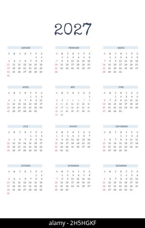 modèle de calendrier 2027 de style classique strict avec police écrite.Calendrier mensuel horaire individuel minimalisme conception restreinte pour l'entreprise Illustration de Vecteur