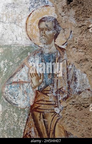 Saint, fresque médiévale dans l'église d'Agios Nikolaos, ville byzantine ruinée de Mistra, Mystras près de Sparta, Laconia, Péloponnèse, Grèce Banque D'Images