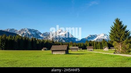 Pré avec des granges de foin, derrière des sommets enneigés au printemps, Mieminger Kette avec Ehrwalder Sonnenspitze, Ehrwald, Tyrol, Autriche Banque D'Images