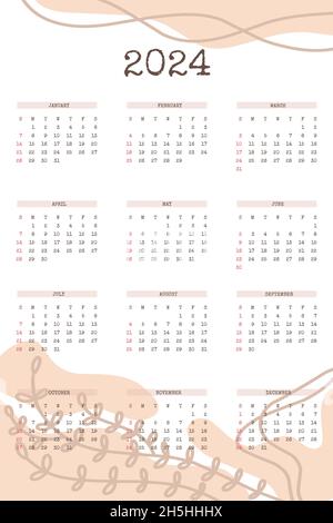 calendrier 2024 avec des formes biologiques dessinées à la main et des éléments botaniques floraux dans une palette beige neutre. Illustration de Vecteur