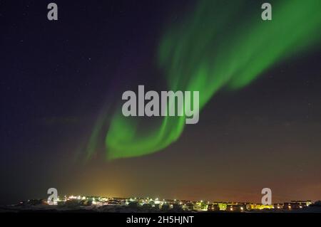 aurores boréales (aurora borealis) au-dessus de maisons, capitale, Arctique, Amérique du Nord, Nuuk,Groenland, Danemark Banque D'Images