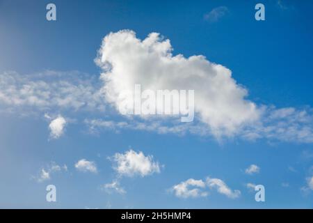 Un seul nuage de fleecy, ainsi que quelques nuages de plumes, ornent le ciel bleu dans des vents forts Banque D'Images