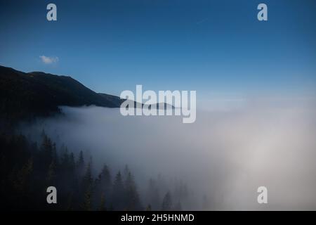 Temps incroyable en montagne, vue imprenable au-dessus du niveau du nuage par temps ensoleillé, couche épaisse de nuages sur la pente de montagne, nuages survole la forêt de montagne Banque D'Images