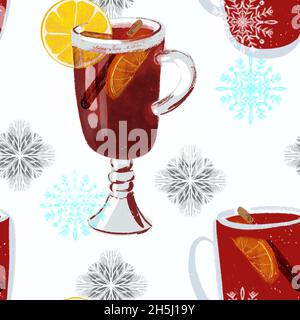 Motif sans couture avec illustration de vin chaud et de flocons de neige sur fond blanc Banque D'Images
