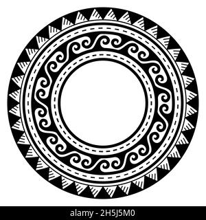 Style tattoo hawaïen polynésien cadre rond ou motif vectoriel de bordure, motif de mandala à vagues tribales boho inspiré de l'art géométrique traditionnel Illustration de Vecteur
