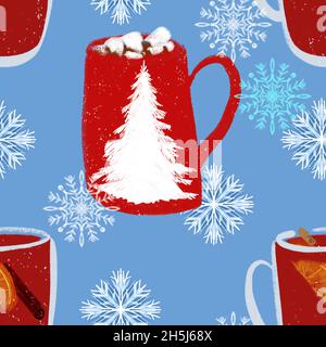 Motif sans couture avec vin chaud et chocolat chaud avec marshmallows, illustration de flocons de neige sur fond bleu Banque D'Images