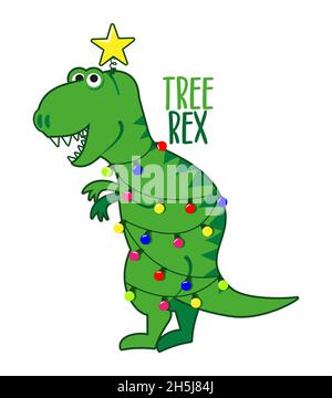 Arbre rex - dinosaures de noël mignons.Adorable t rex.Ensemble de doodle dessiné à la main pour enfants.Bon pour les textiles, la pépinière, le papier peint, les vêtements. Illustration de Vecteur