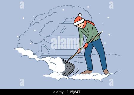 Homme avec pelle neige propre en plein air creusez la voiture le matin d'hiver.Homme dans des vêtements de dessus pelletage près de l'automobile dans la chasse-neige ou la pile.Blizzard et effet tempête.Illustration vectorielle plate. Illustration de Vecteur