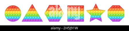 Jeu de figures géométriques popit comme jouets en silicone tendance pour les ménés.Différentes formes pour l'affiche d'éducation dans des couleurs vives.La bulle sensorielle se développe Illustration de Vecteur