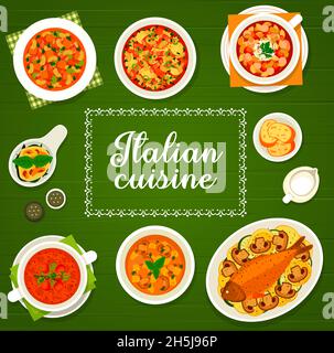 Cuisine italienne vecteur soupe à la crème milanaise, poisson sicilien et minestrone ou soupes de tomates.Œufs florentine, soupe de lentilles avec pâtes de dalitini, légumes Illustration de Vecteur