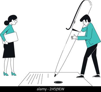 Homme signant le papier avec un stylo géant.Femme debout derrière Illustration de Vecteur