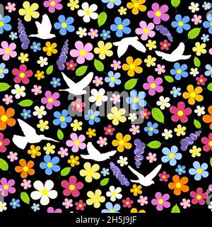 Sans coutures colorées avec fleurs et oiseaux Illustration de Vecteur