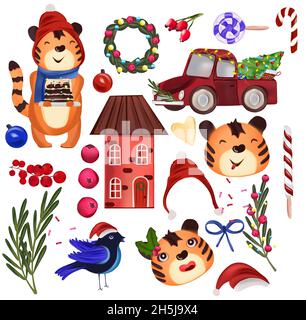 Collection de Noël avec des tigres mignons, gâteau au chocolat, couronne, arbre de Noël, biscuits,Bonbons, maisons, oiseau, branches d'arbre.Tigers le symbole de l'année 2022.Concept Noël et nouvel an.Vecteur. Illustration de Vecteur