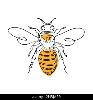 Dessin de vecteur d'abeille, illustration de couleur pour la conception d'étiquette de miel.Un dessin d'art en ligne continu de l'abeille volante Illustration de Vecteur
