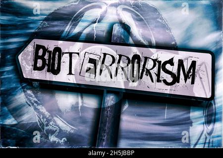 Le bioterrorisme est affiché sur un panneau d'affichage avec une superposition de masque de gaz militaire Banque D'Images