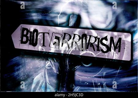 Le bioterrorisme est affiché sur un panneau d'affichage avec un masque de gaz apocalyptique Banque D'Images