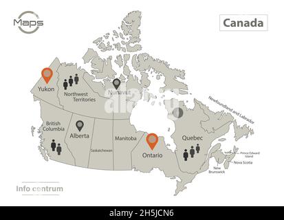 Carte du Canada, régions individuelles avec noms, infographies et vecteurs d'icônes Illustration de Vecteur