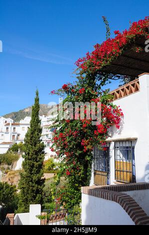 Belle maison décorée de fleurs rouges à Frigiliana.Province de Malaga, Andalousie, Espagne Banque D'Images