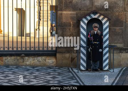 Prague, République tchèque - 15 janvier 2020 : garde devant l'une des principales portes du château historique de Prague. Banque D'Images