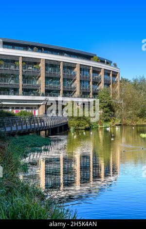 Les nouveaux appartements, boutiques et restaurants au bord de la rivière à Chelmsford.La ville tire son nom de la rivière Chelmer montrée ici. Banque D'Images